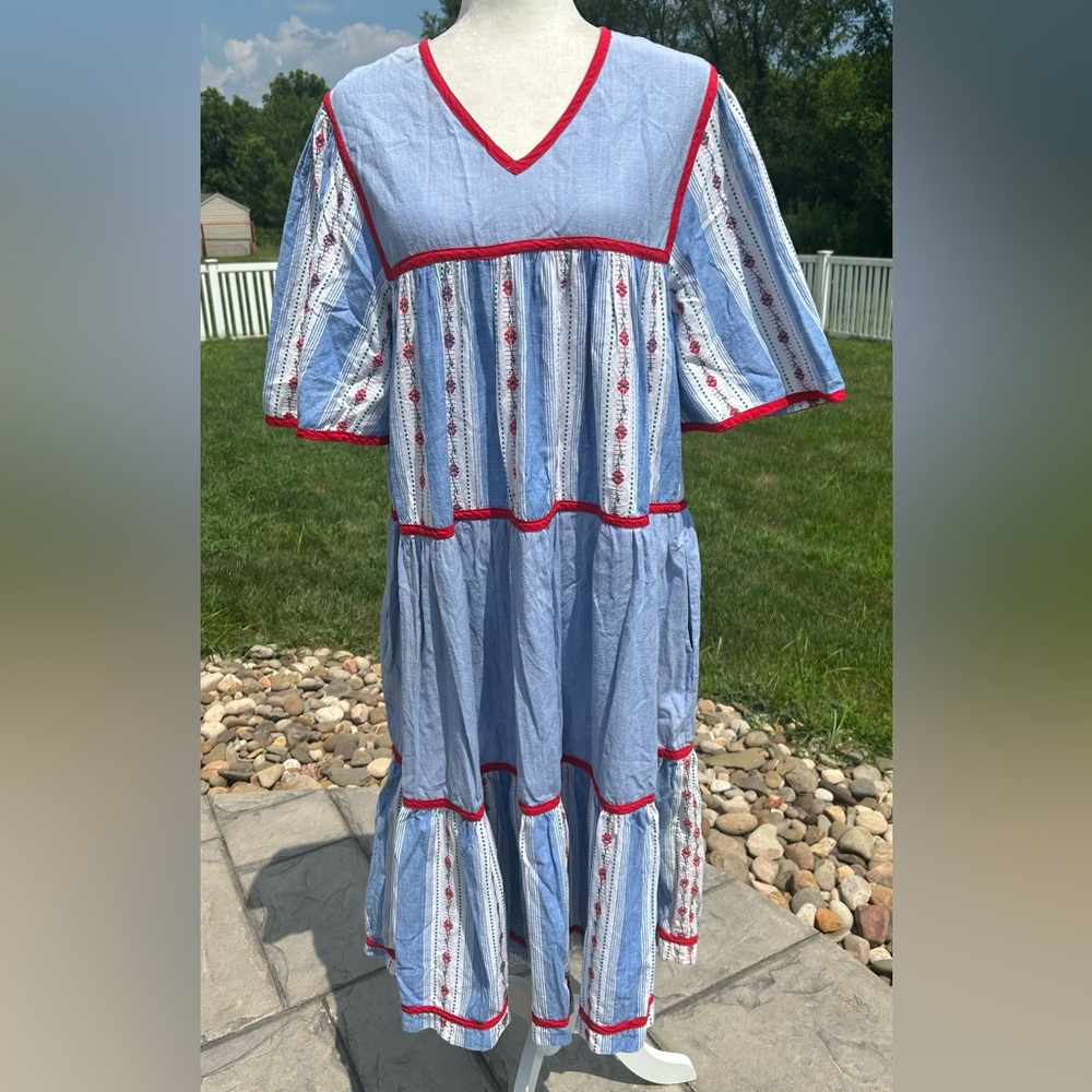 Vintage Blue Chambray Embroidered Tiered Hippie Boho Cottagecore Patio Dress
